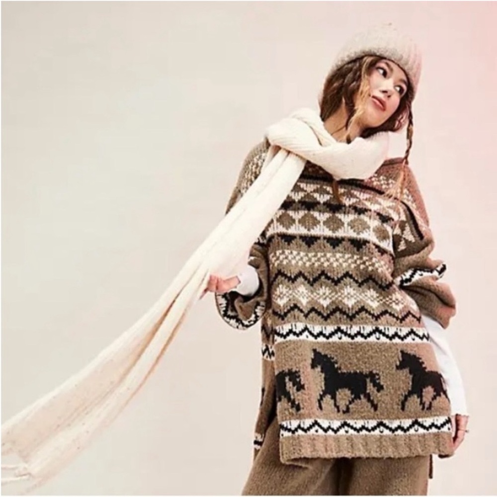 Free People Brown & Cream Fair Isle Horse Print Crewneck Sweater